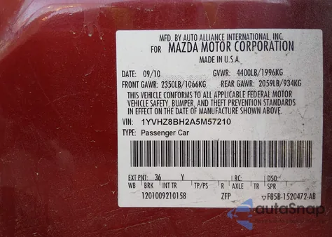 2010 Mazda Mazda6 I Sport из США, поврежденный, VIN 1YVHZ8BH2A5M57210